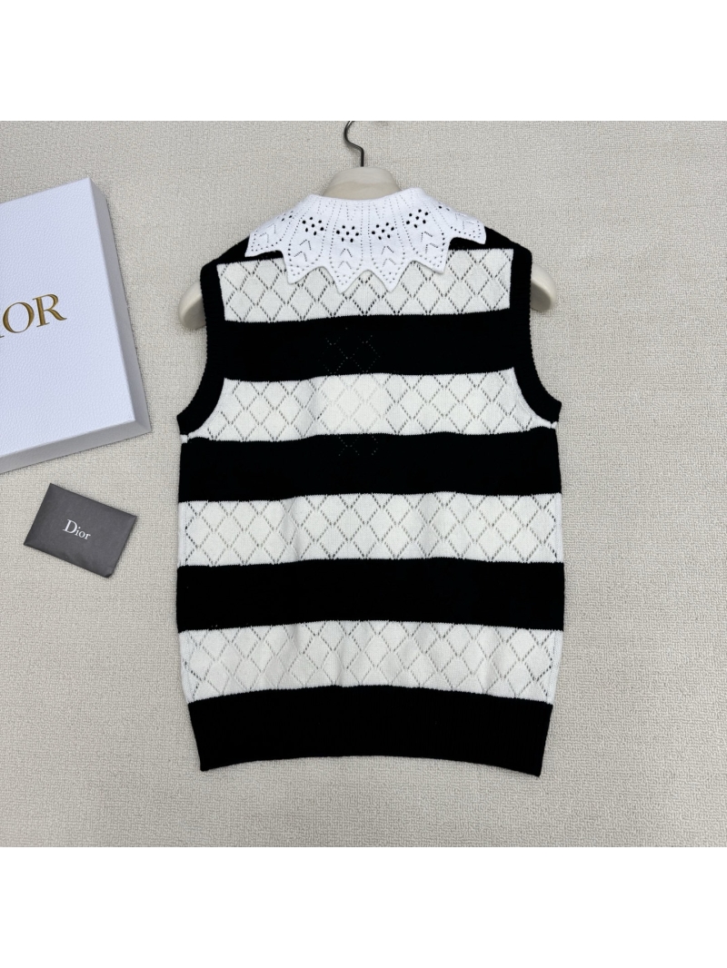 Dior Sleeveless Striped Knit Vest with Eyelet Lace Collar - Black/White