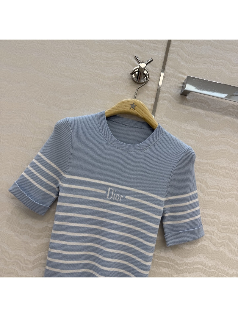 Dior Pure Cotton Nautical Striped Short-Sleeve Knit Top in Blue and White
