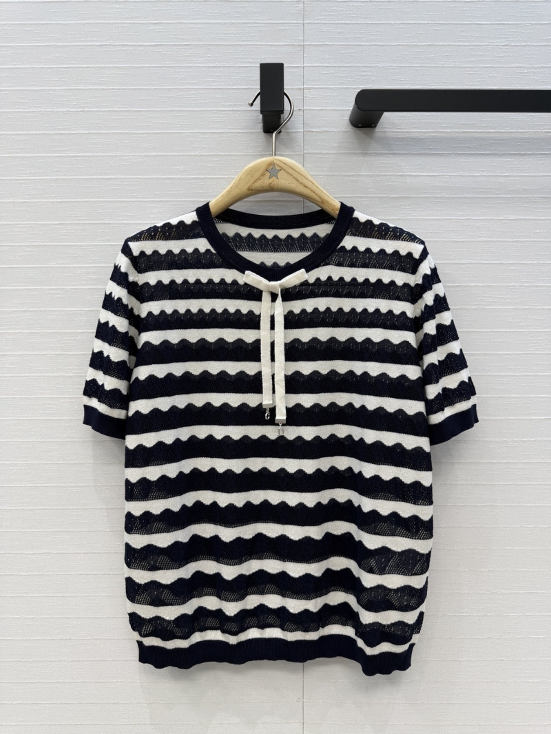 Dior Miss Dior Garden World Scalloped Ripple Stripe Knit Short-Sleeve Sweater in Navy and White