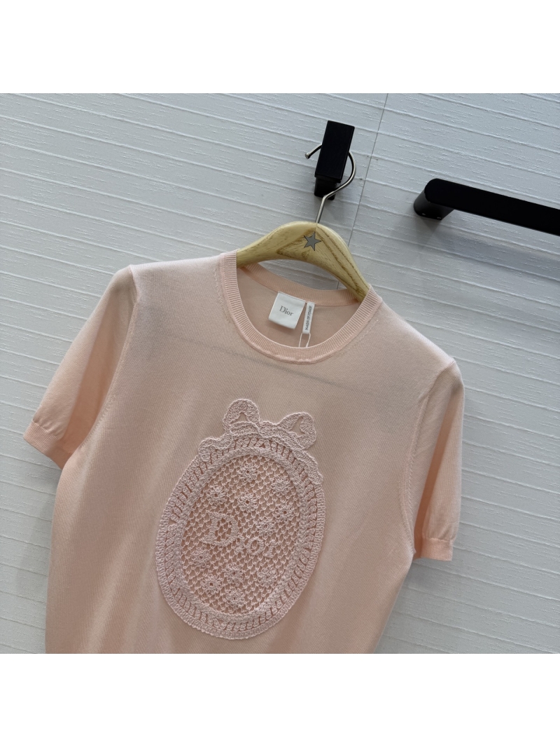 Dior Miss Dior Garden World French 3D Embroidered Fine-Gauge Knit Top in Blush Pink