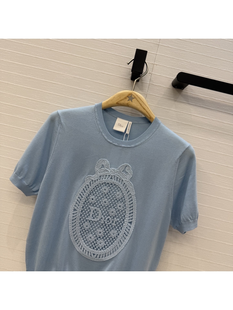 Dior Garden World Collection Sky Blue Fine-Gauge Knit Top with French Openwork Embroidery