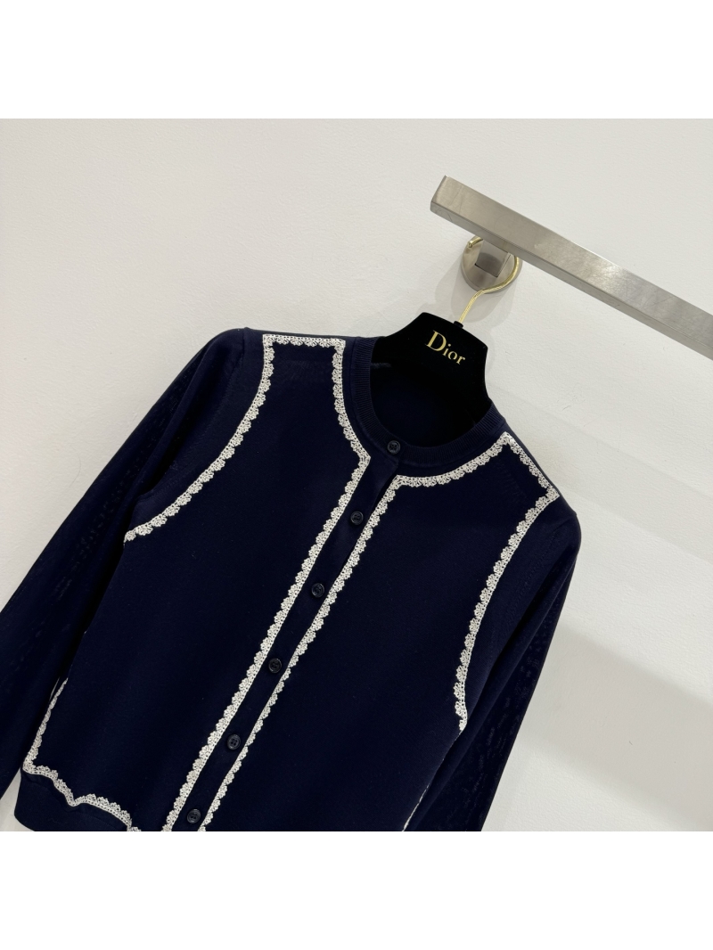 Dior Navy Blue Scalloped Trim Knit Cardigan - Exquisite Fine-Gauge Embroidery