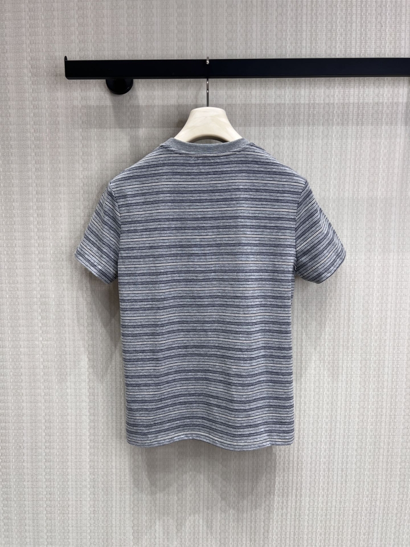 Dior Classic Grey Striped T-Shirt with Embellished Heart and Bee Embroidery