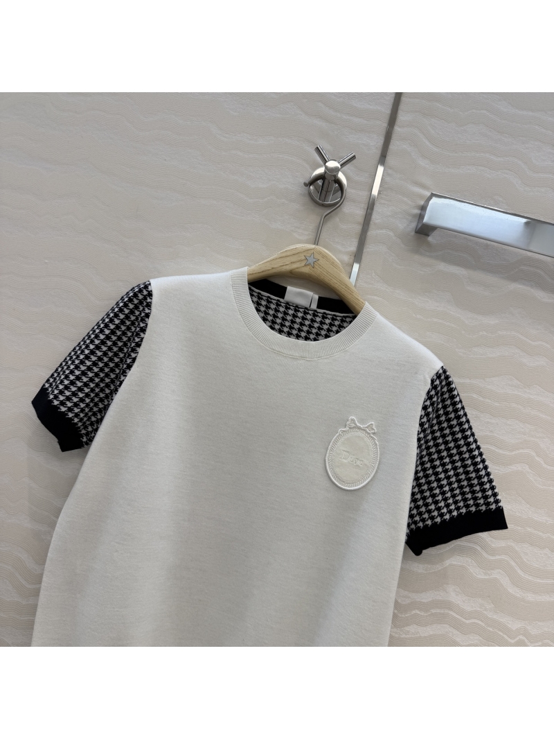 Dior Signature High-Density Yarn Houndstooth Color-Block Knit Short-Sleeve Top