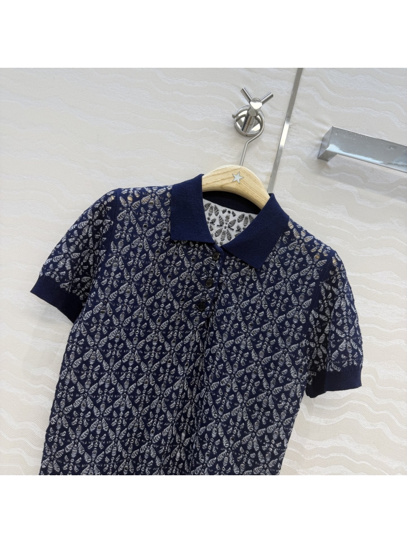 Dior Miss Dior Diamond Open-Work Knit Polo Sweater in Navy and White
