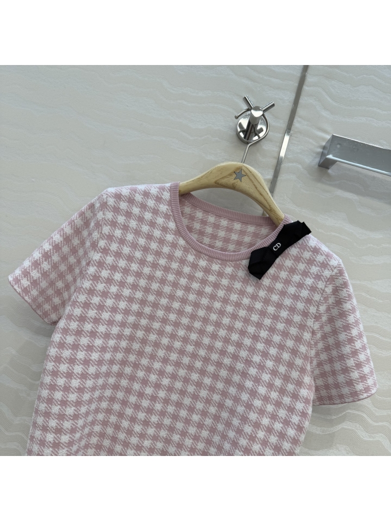 Dior Miss Dior Houndstooth Custom Yarn Short-Sleeve Knit Top in Pastel Pink