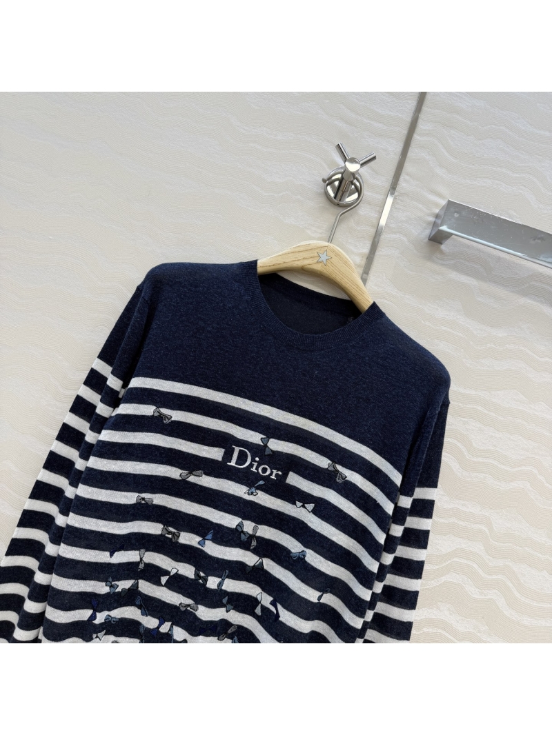 Dior Miss Dior Butterfly Embroidery Striped Linen Knit Sweater in Navy and White
