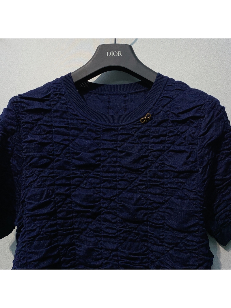 Dior Smocked Short-Sleeve Knit Top in Navy Blue &ndash; 2026SS Collection