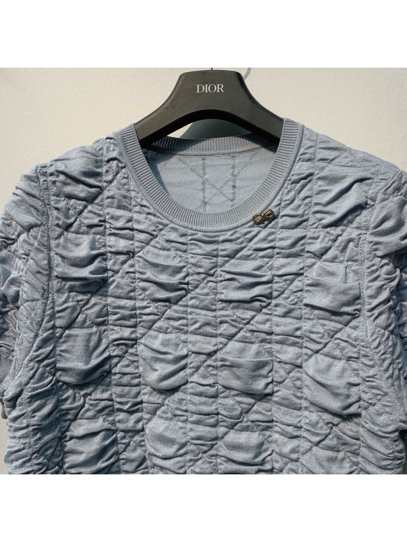Dior Textured Short-Sleeved Top in Ice Blue - Exquisite Puckered Knit, Signature CD Logo, Quiet Luxury Summer Essential