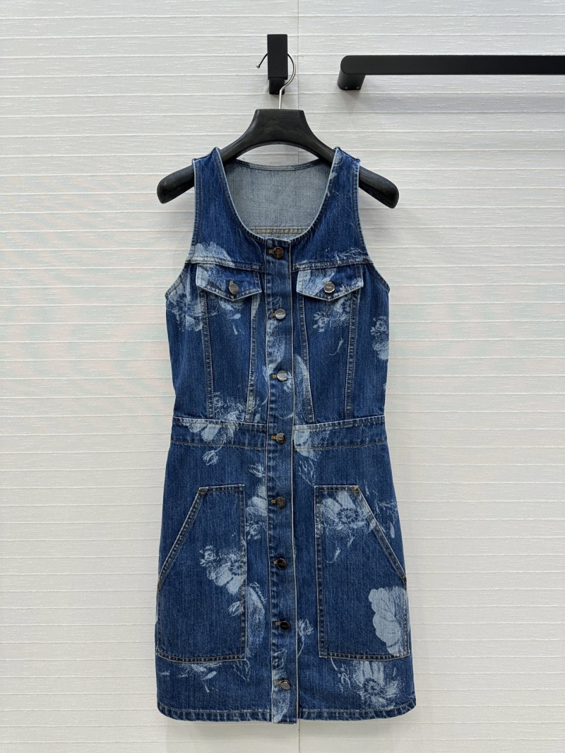 Fendi Luxe Vintage Washed Denim Vest Dress in Ink Blue Floral