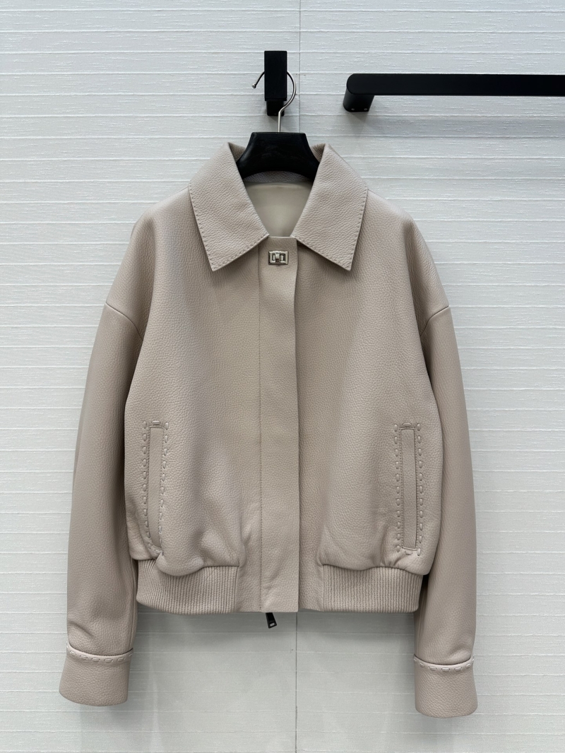 Fendi Luxe Lychee Grain Lambskin Jacket in Beige Apricot