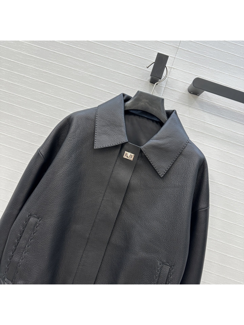 Fendi Luxe Lambskin Leather Jacket with Metal Button Detail - Black