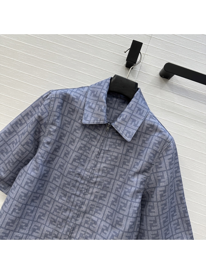 Fendi Classic FF Logo Print Blue Short Sleeve Jacket - Luxe Cotton Linen
