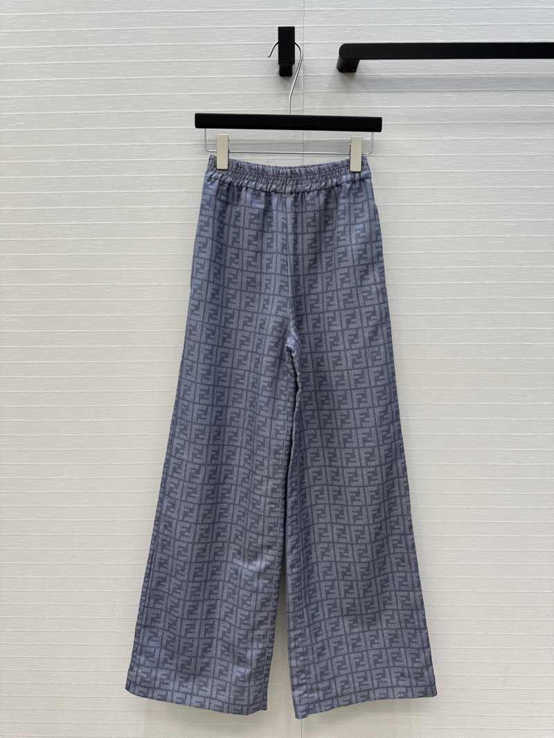 Fendi Classic FF Logo Print Blue Wide-Leg Pants - Luxe Cotton-Linen Blend