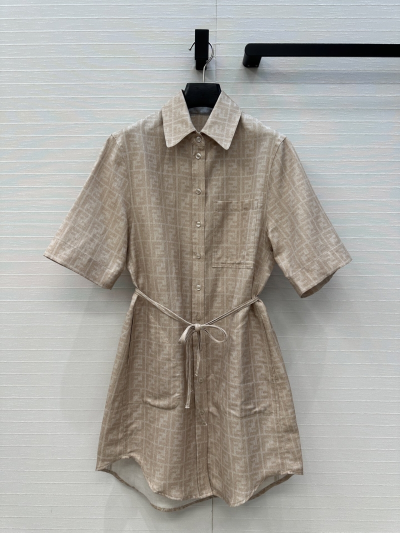 Fendi Classic FF Logo Print Blue Shirt Dress in Beige Apricot