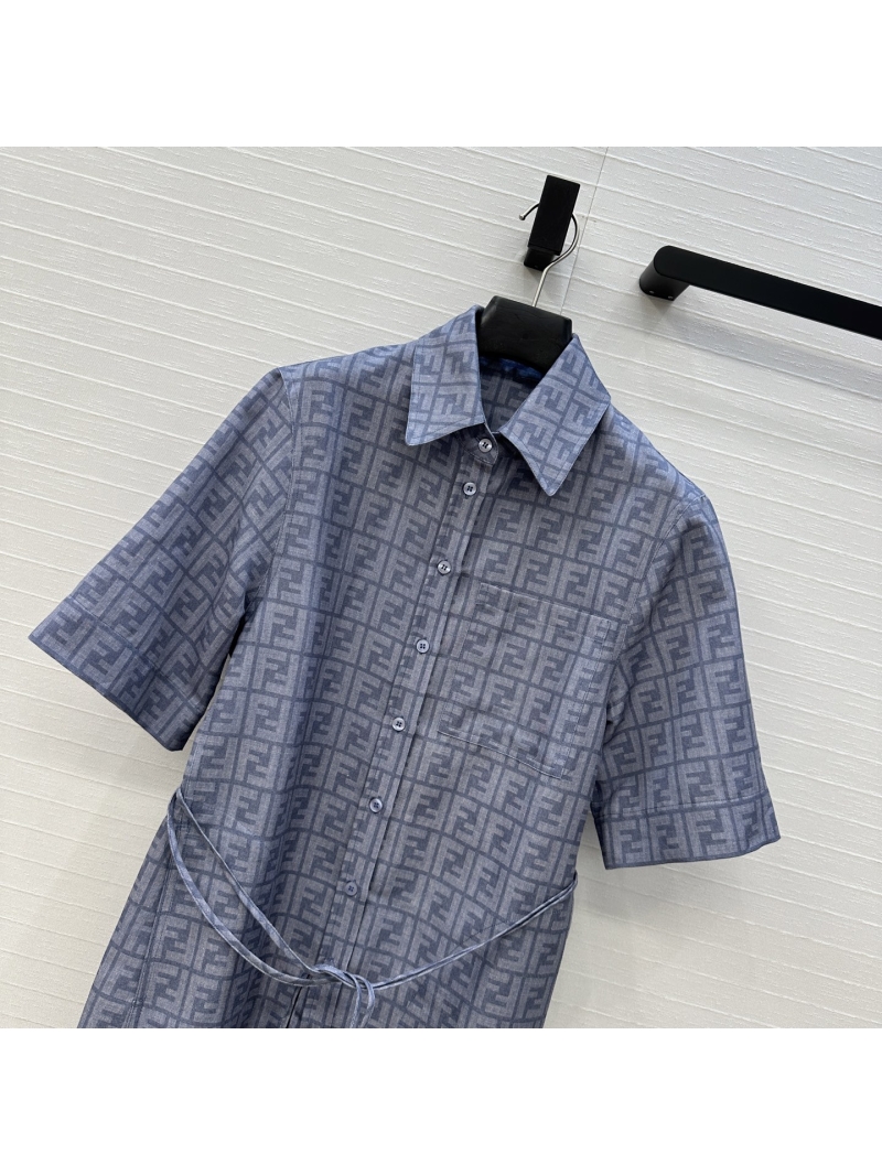 Fendi Classic FF Monogram Blue Shirt Dress - Luxe Cotton Linen