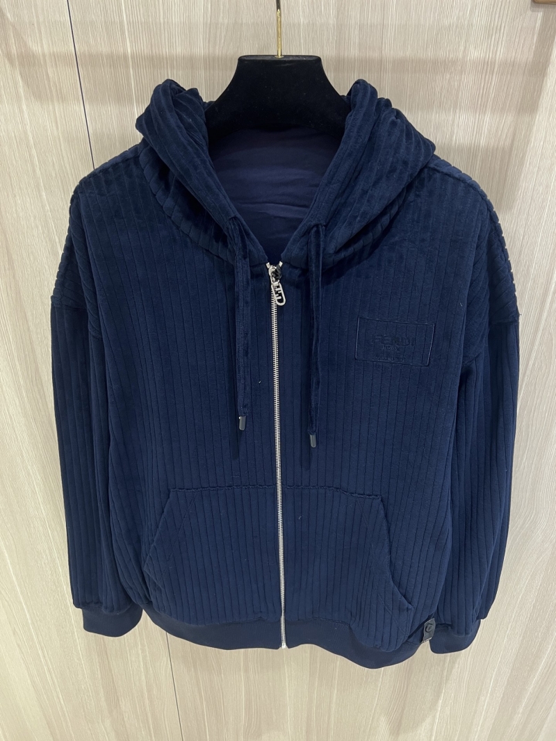Fendi Embroidered Navy Blue Corduroy Hooded Jacket - Luxe Cotton Blend with Fendi Roma Embroidery