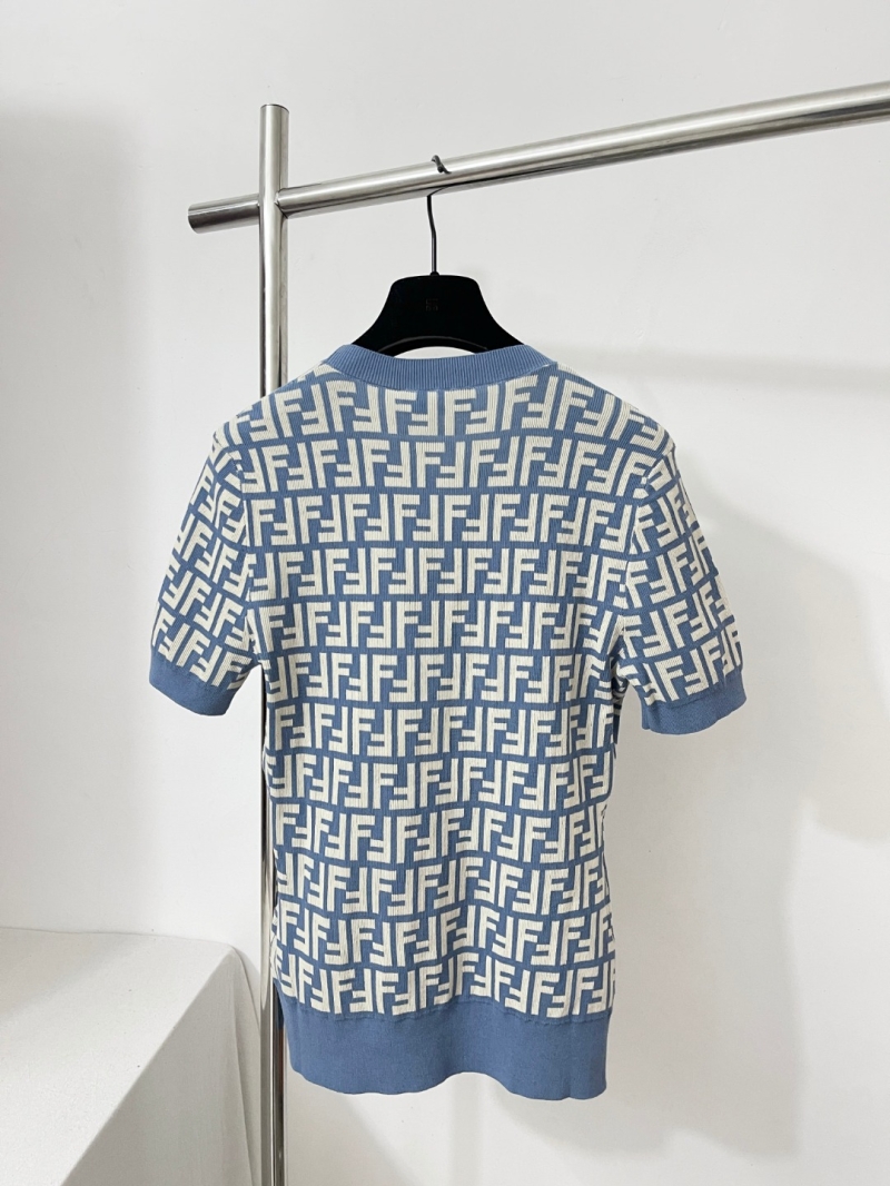 Fendi Signature FF Logo All-Over Print Light Blue Knit Short-Sleeve Sweater