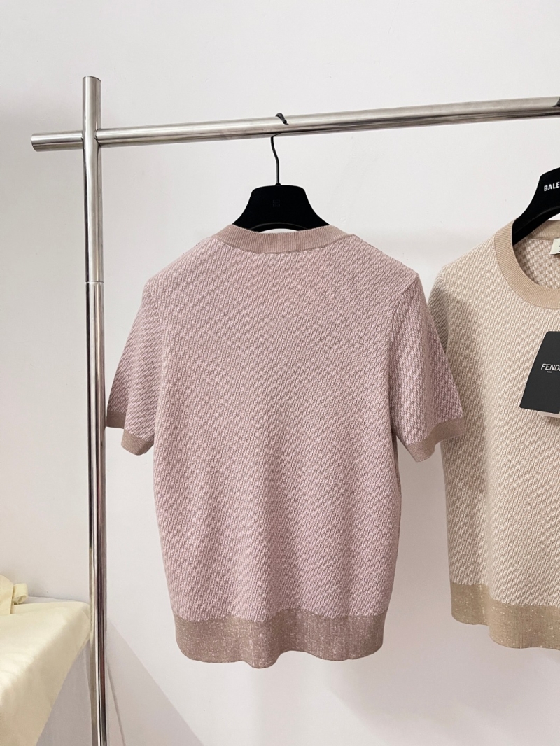 Fendi Apricot Knitted Wool Short-Sleeve Top with FF Embroidery, Ribbed Trim, and Slim Fit