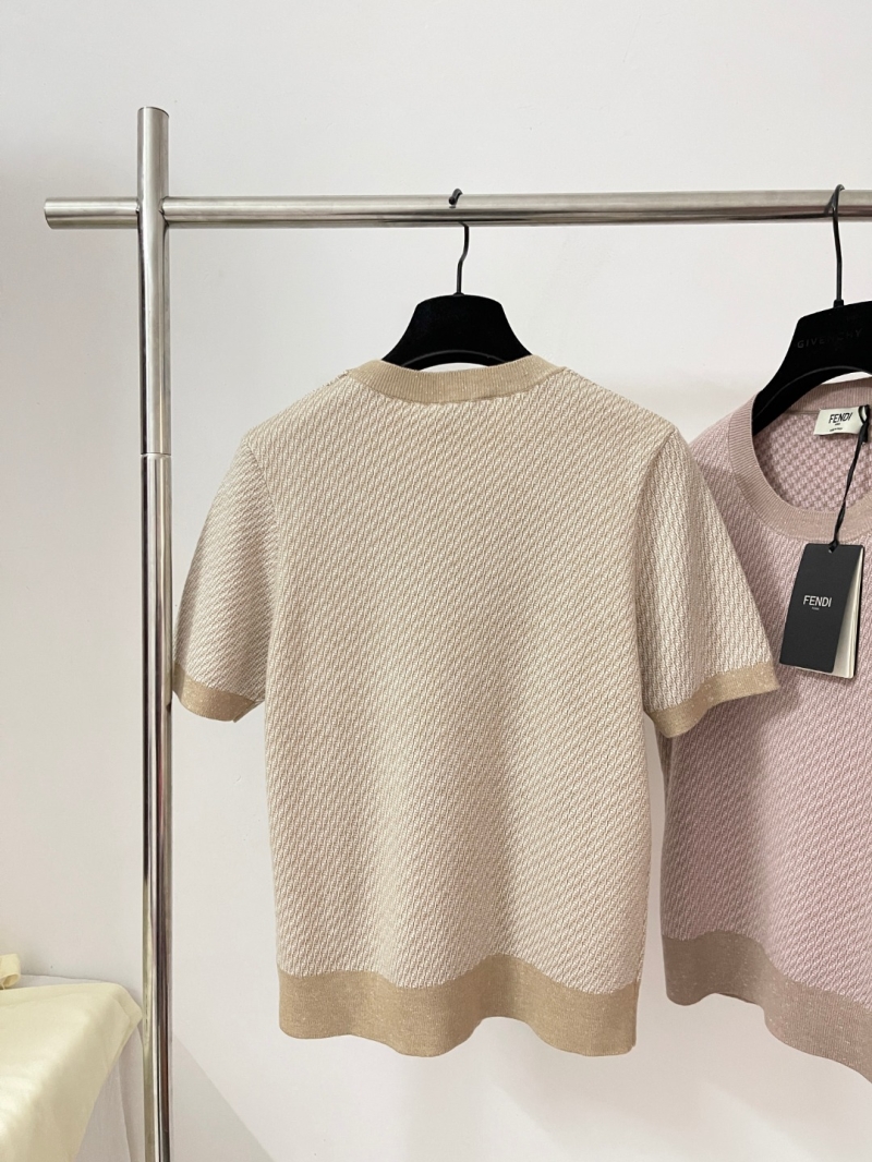 Fendi Knitted Wool Short Sleeve Top in Soft Pink | Luxe Custom Wool Fabric with All-Over FF Embroidery