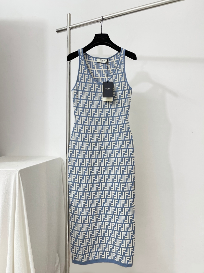 Fendi Slimming FF Monogram Knit Sleeveless Dress in Light Blue