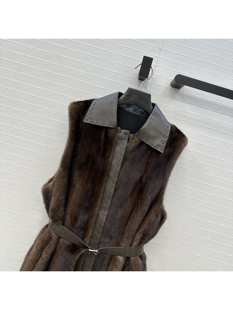 Fendi Limited Edition Mink Fur Vest, Handcrafted with Leather Collar & Waist Tie, Luxe Brown, Timeless H-Silhouette