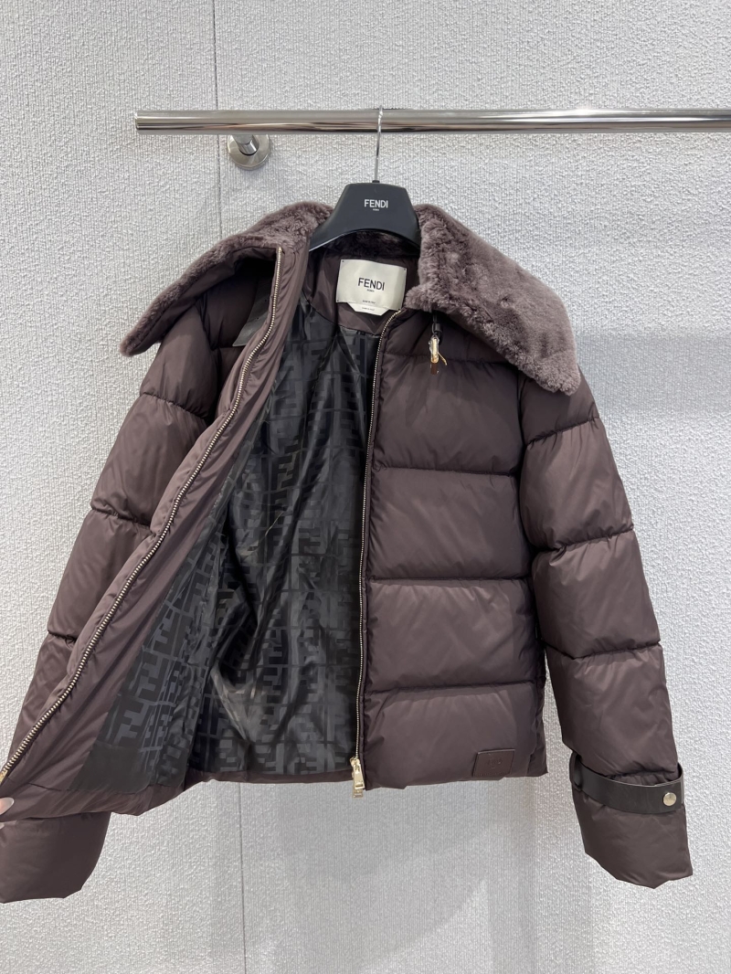 Fendi Real Sheepskin Collar Quilted Ski Down Jacket in Deep Plum - 90% White Duck Down, FF Monogram Lining, Windproof Matte Nylon