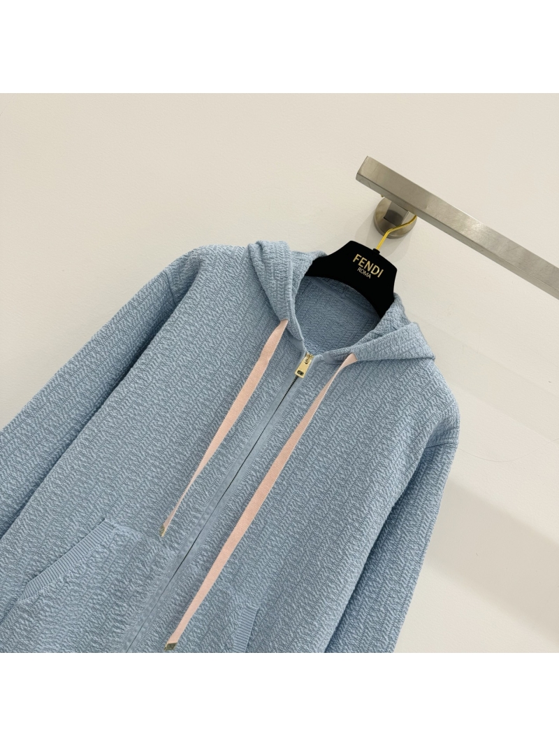 Fendi Contrast F Logo Cotton and Mulberry Silk Popcorn Knit Zip-Up Hoodie