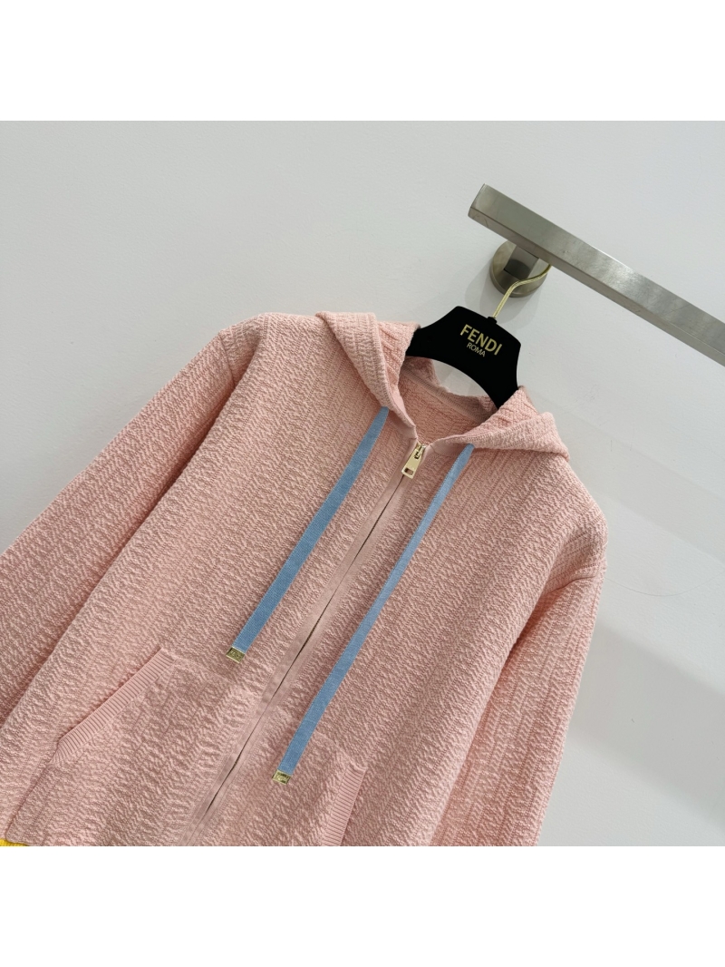 Fendi Contrast Popcorn Knit Cotton-Silk Hooded Cardigan in Pastel Pink