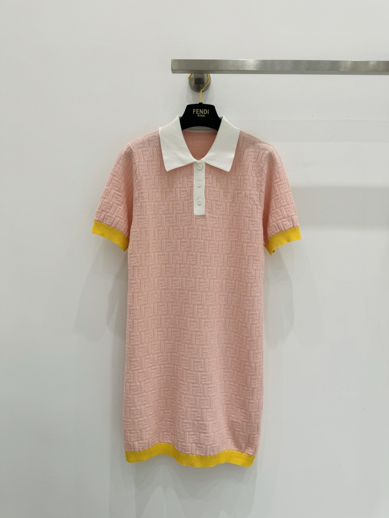 Fendi Signature FF Logo Embossed Cotton-Silk Knit Polo Dress in Pastel Pink