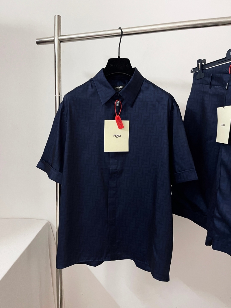 Fendi Navy Blue FF Zucca Jacquard Short-Sleeved Shirt - Luxury Silk-Cotton Blend, Hidden Placket, Tonal Logo Pattern - Polished and Timeless - Men's Designer Navy Shirt