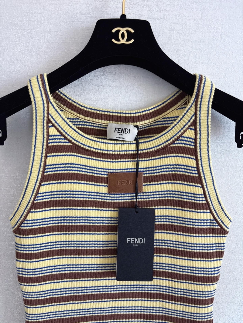 Fendi Contrast Stripe Ribbed Knit Tank Top with Signature Leather Patch in Yellow