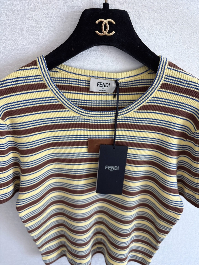 Fendi Striped Ribbed-Knit Cropped T-Shirt in Pale Yellow and Chocolate Brown