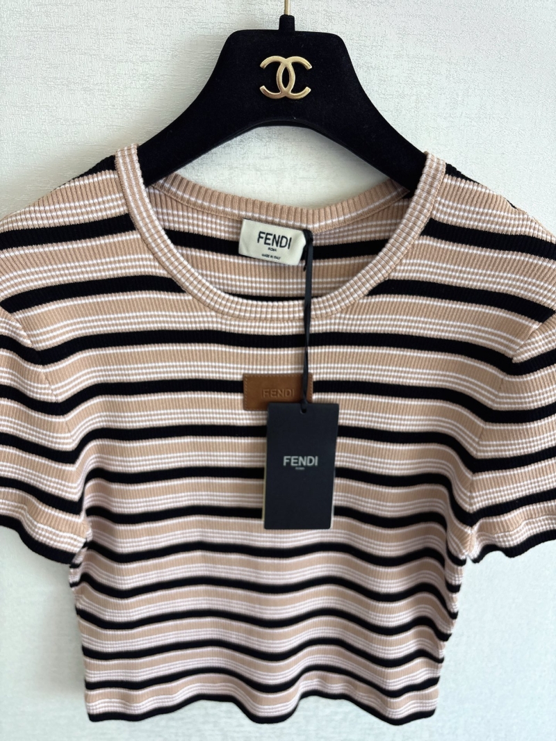 Fendi Contrast Striped Ribbed Knit Short-Sleeve Top in Beige and Pink