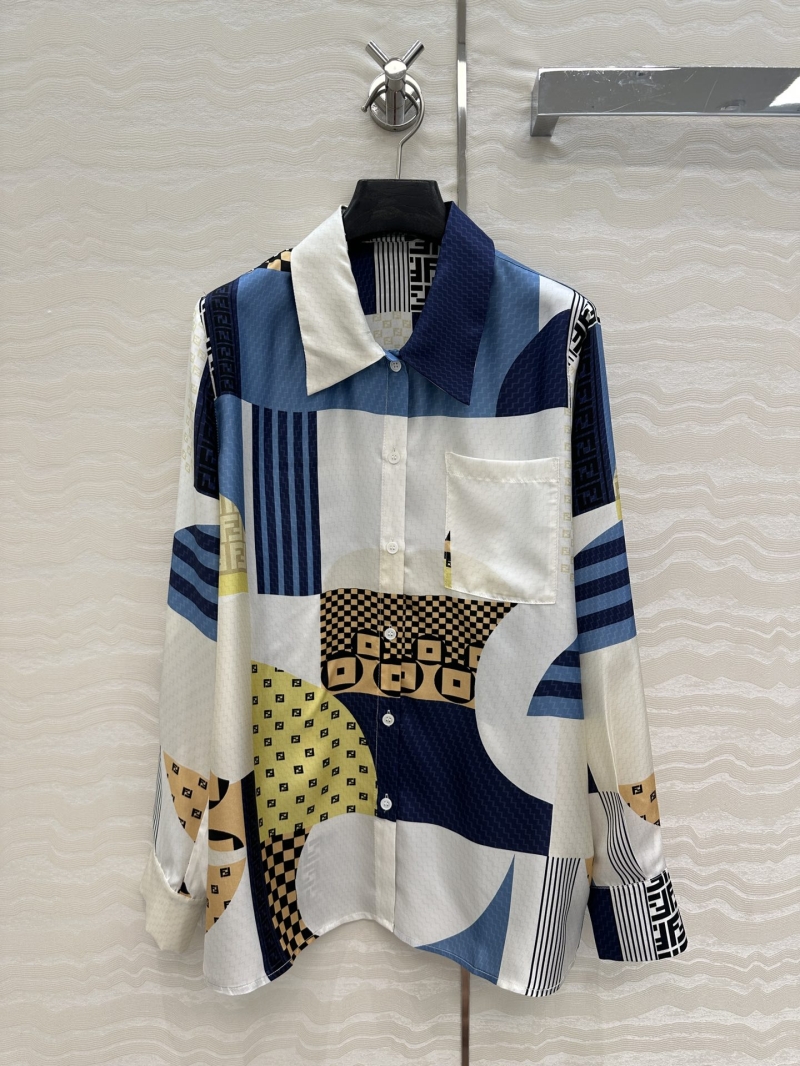 Fendi Holiday Collection Silk Geometric Print Long Sleeve Shirt
