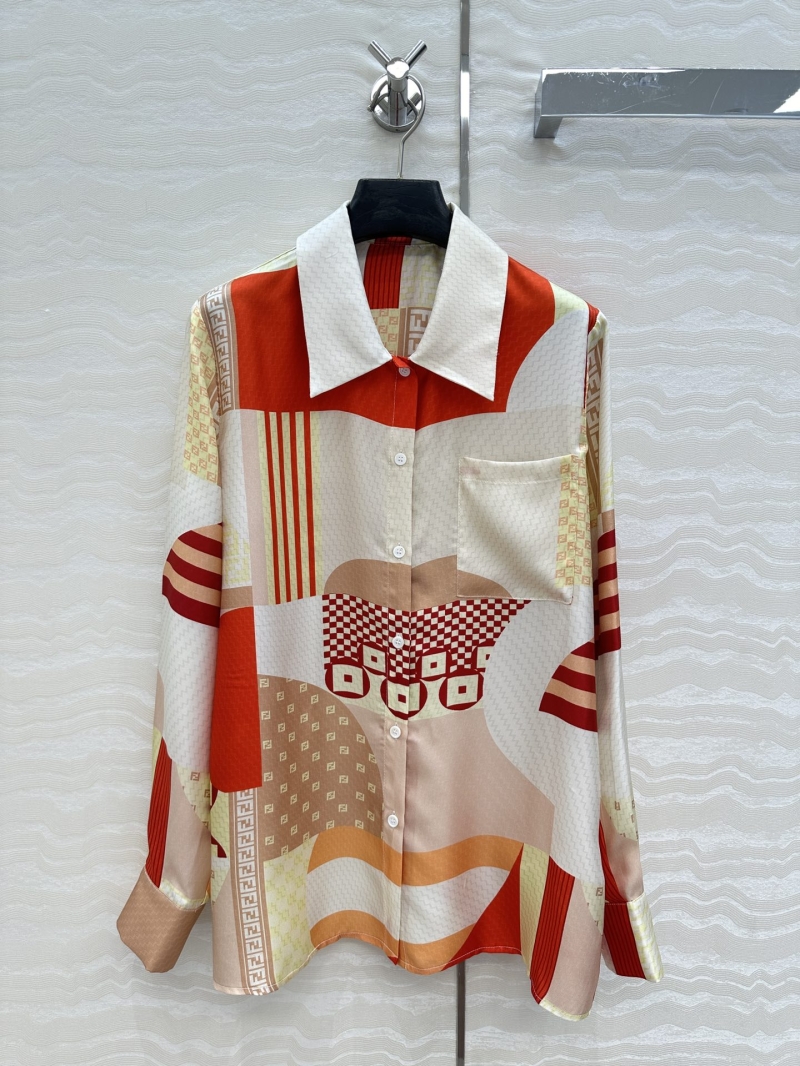 Fendi Holiday Collection Silk Geometric Print Long Sleeve Shirt