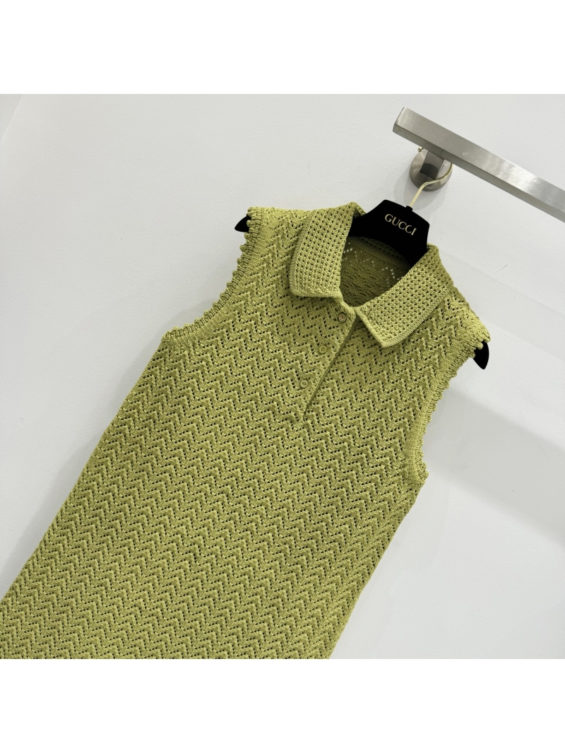 Gucci Olive Green Hollow-Out Knit Polo Vest Dress - Elegant & Slimming
