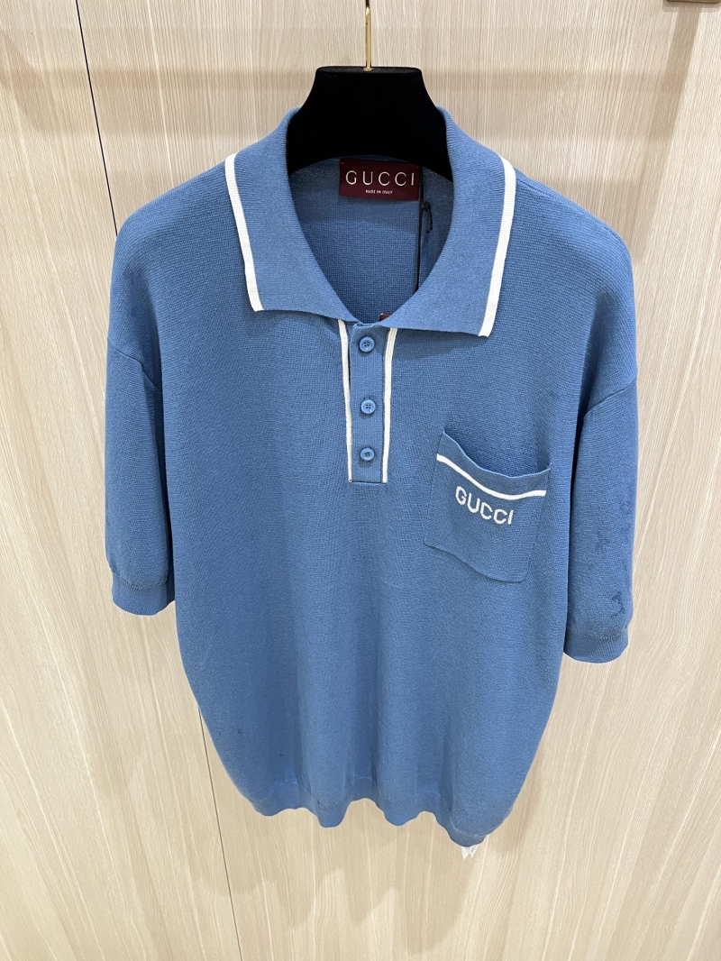 Gucci College-Style Blue Polo Knit Short Sleeve Shirt