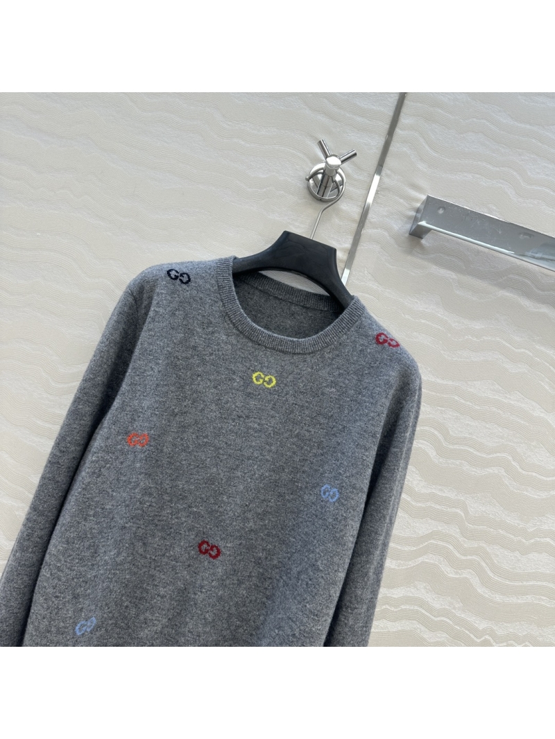 Gucci GG Embroidered Multicolor Logo Reversible Cashmere Sweater - Grey