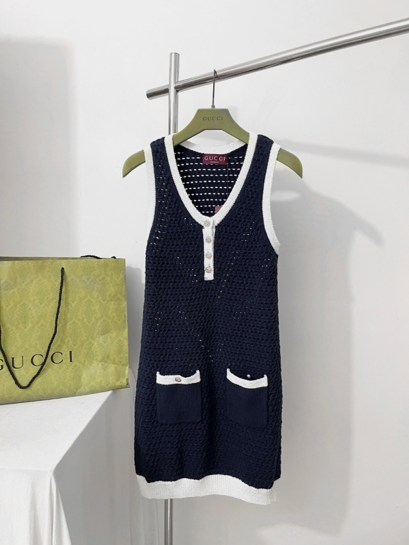 Gucci Navy Blue Sleeveless Rib-Knit Dress with Gold Button Accents