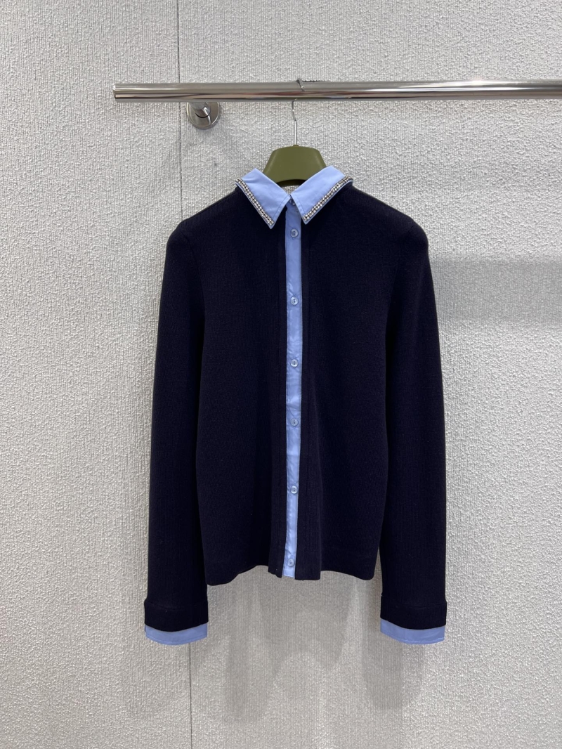 Gucci Navy Blue & Light Blue Crystal-Trimmed Wool Knit Sweater | Preppy Relaxed Fit with Shirt-Style Collar | S/M/L