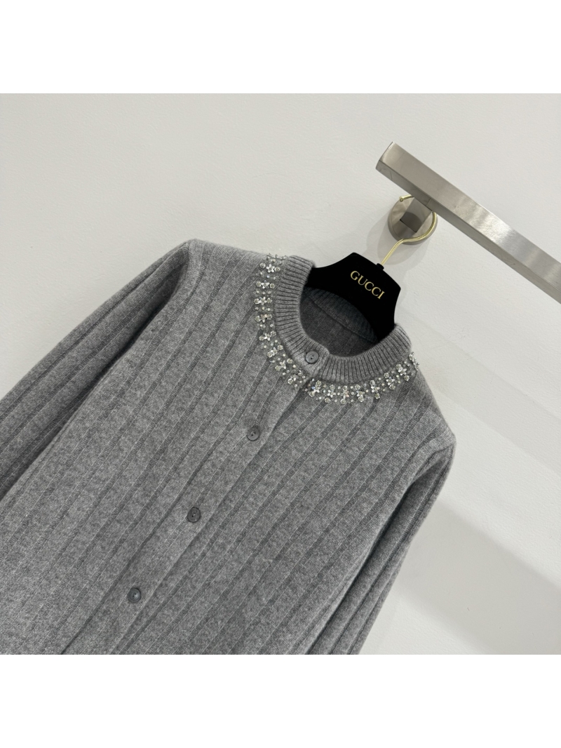 Gucci Women's Cardigan Sweater - Embellished Crystal Collar, Heather Gray Knit