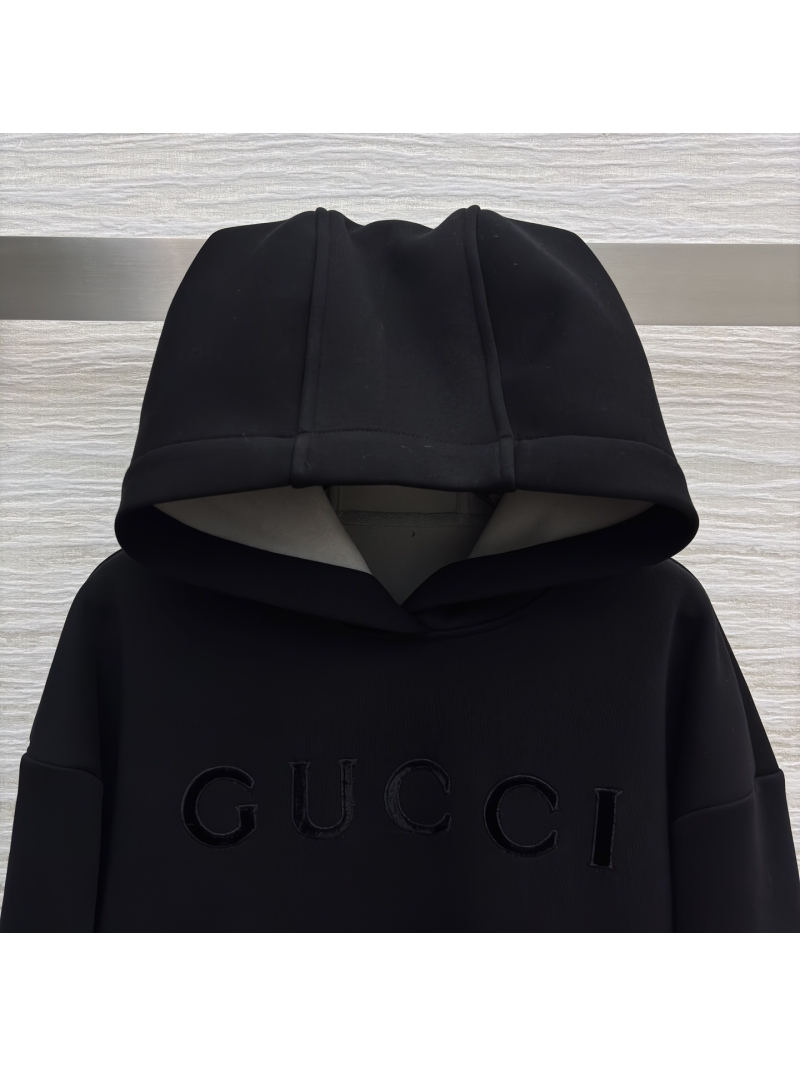 Gucci Signature Tonal Logo Pullover Hoodie | Elevated Black Structured Fit Sweatshirt