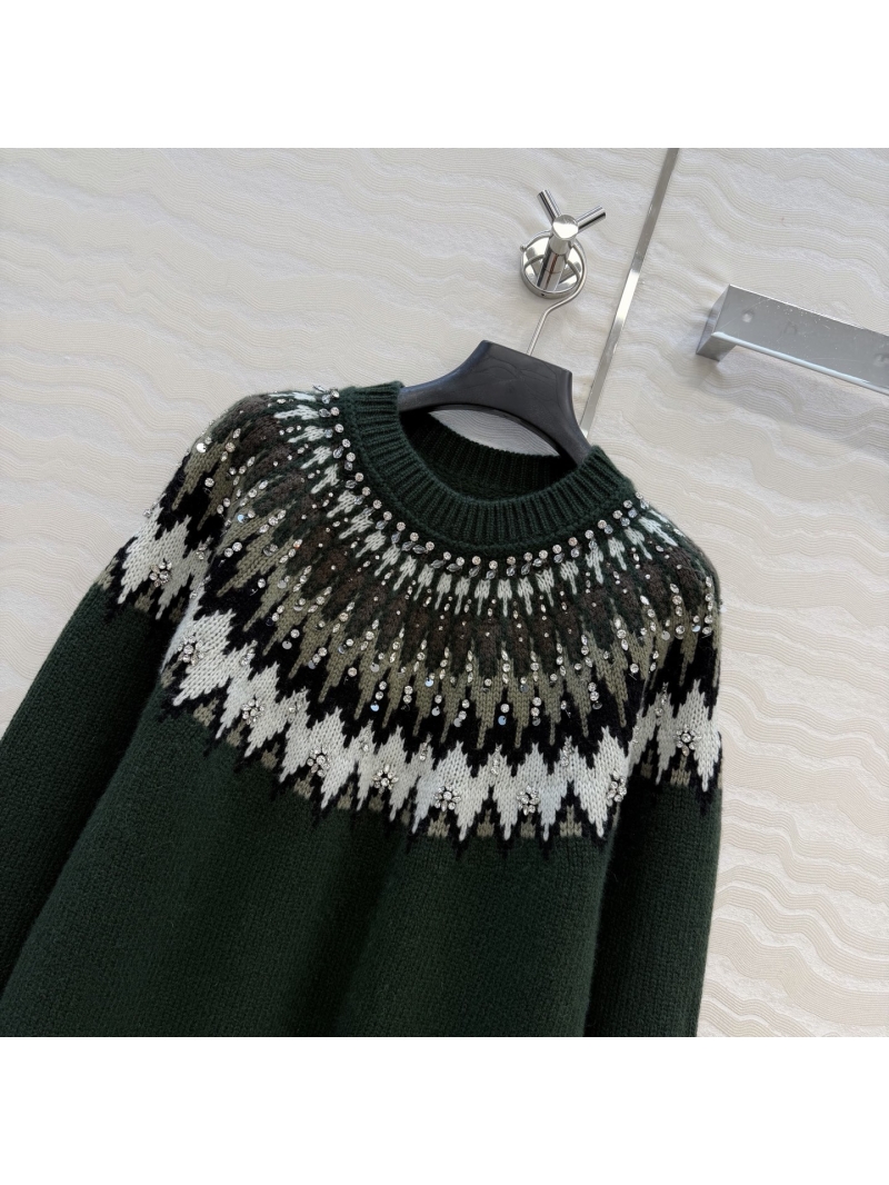Gucci Fair Isle Crystal Embellished Custom Wool Sweater in Forest Green