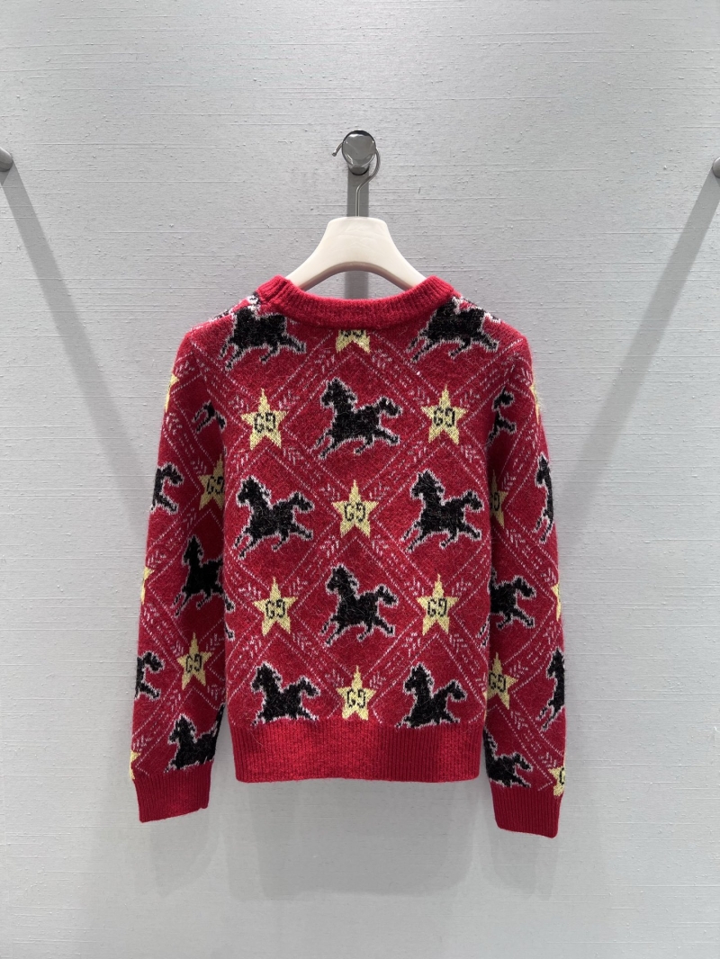 Gucci Festive Red Jacquard Horse and Star Brushed Sweater
