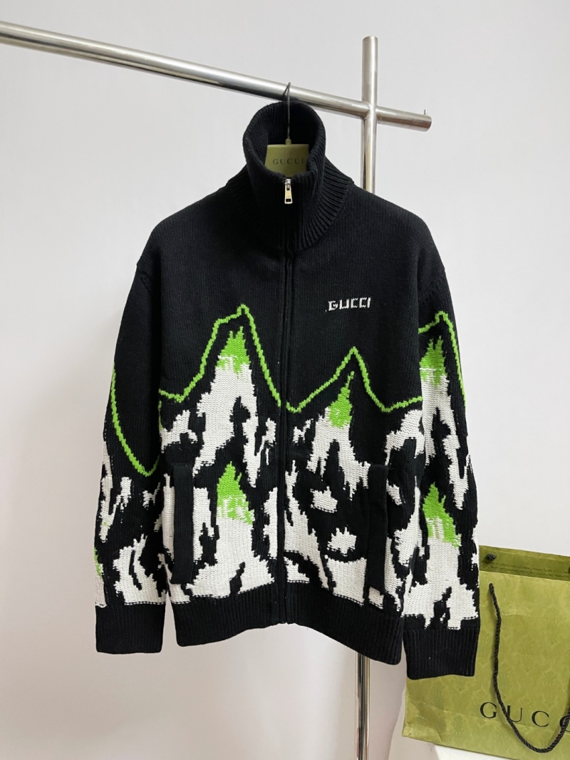 GUCCI Abstract Jacquard Zip-Up Knitted Jacket | Black, White & Neon Green | Chunky Knit, Elevated Sportswear