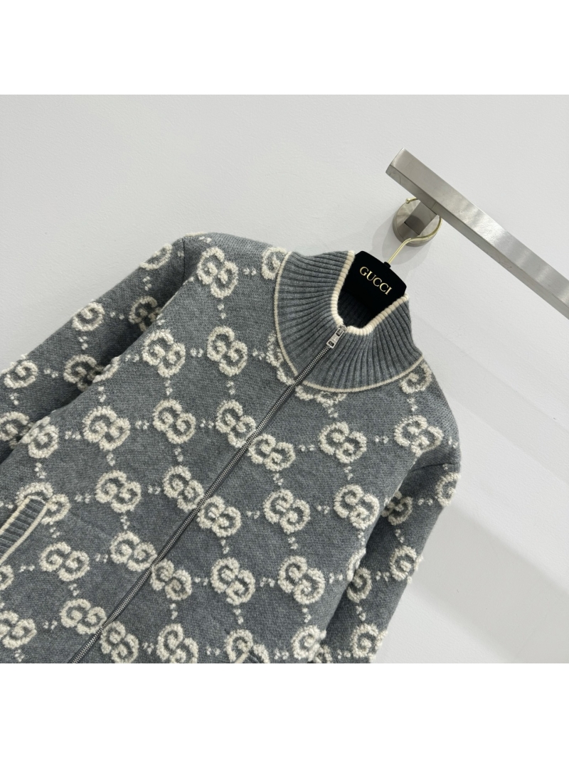 Gucci GG Monogram Boucl&eacute; Knit Zip-Up Bomber Jacket in Heather Gray
