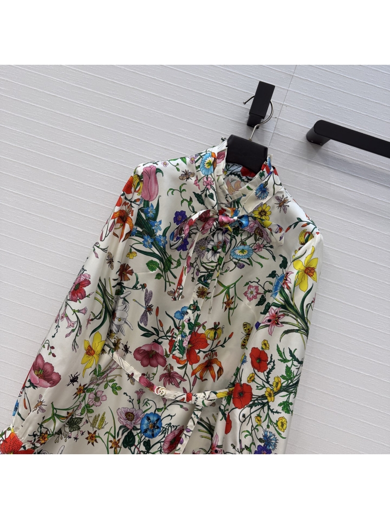 Gucci 100% Silk Twill Flora Print Pussy-Bow Shirt Dress with GG Belt