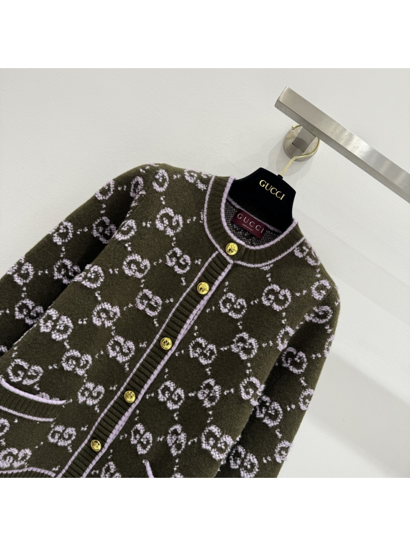 Gucci Interlocking GG Monogram Wool Knit Cardigan in Forest Green and Lilac