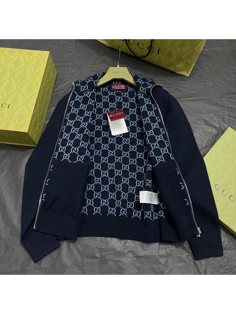 Gucci Navy Blue GG Monogram Collar Zip-Up Wool Knit Cardigan
